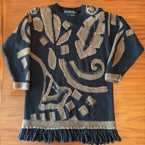 I.B. Diffusion Cardigan Small 1993 Geometric Navy Brown‎ Fringe